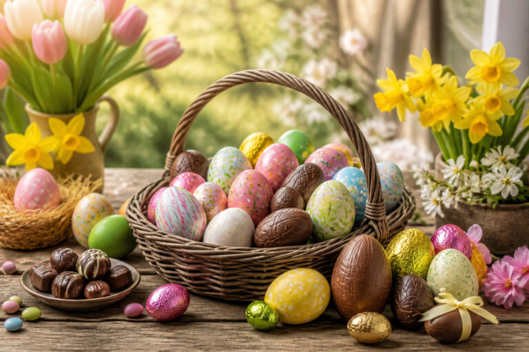 Oeufs de paques decores et chocolats dans un panier