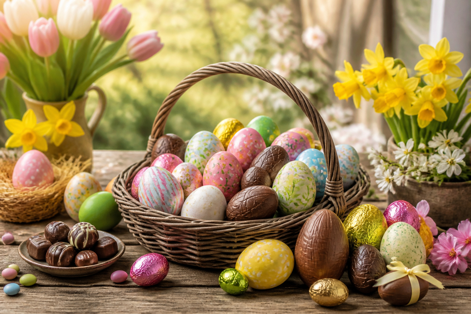Oeufs de paques decores et chocolats dans un panier