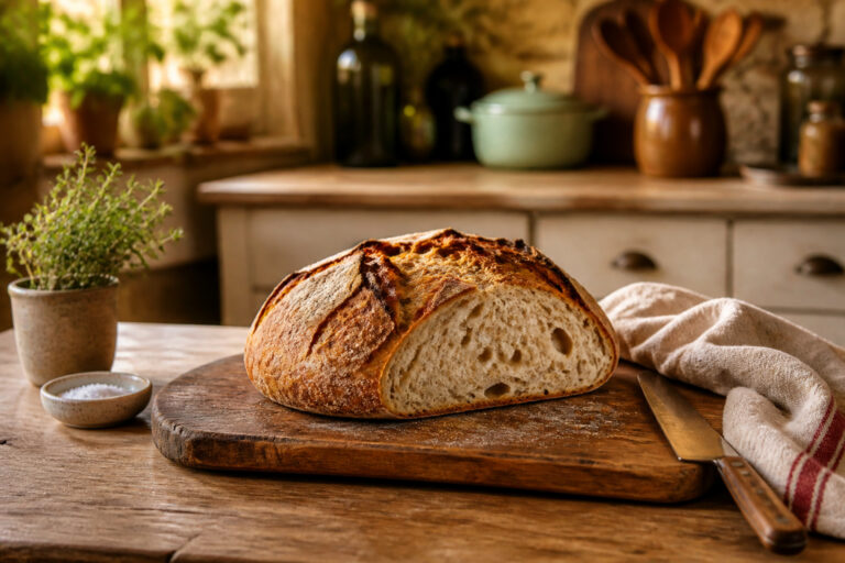 Pain de campagne frais sur planche a decouper