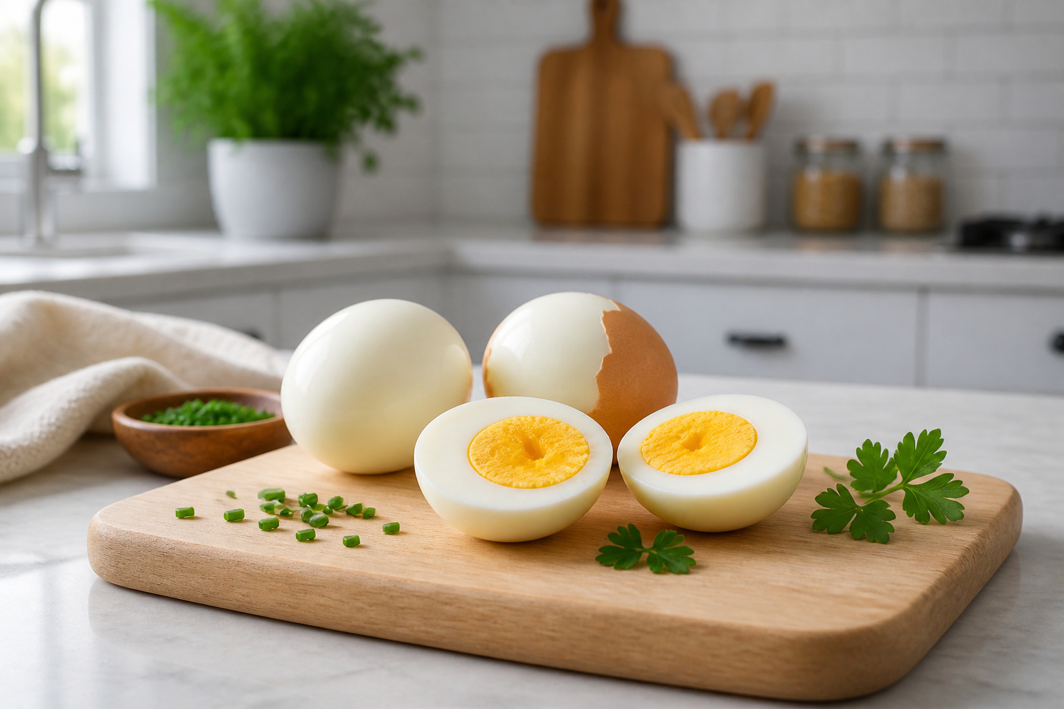 Oeufs durs parfaits sur planche a decouper