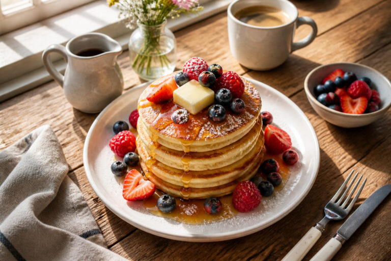 Pancakes gourmands aux fruits et sirop derable