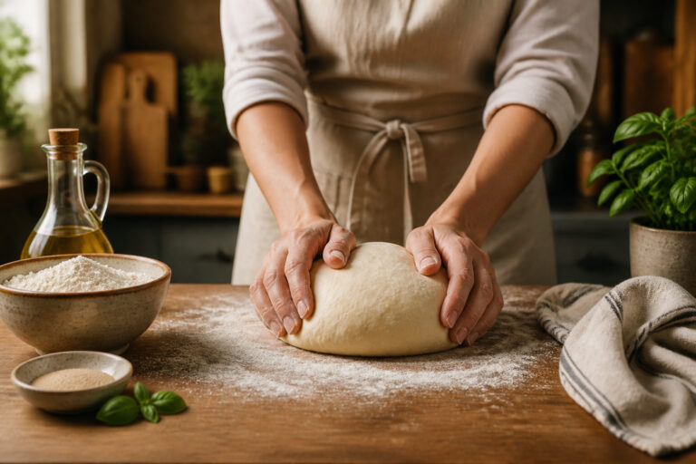 Mains petrissant une pate a pizza